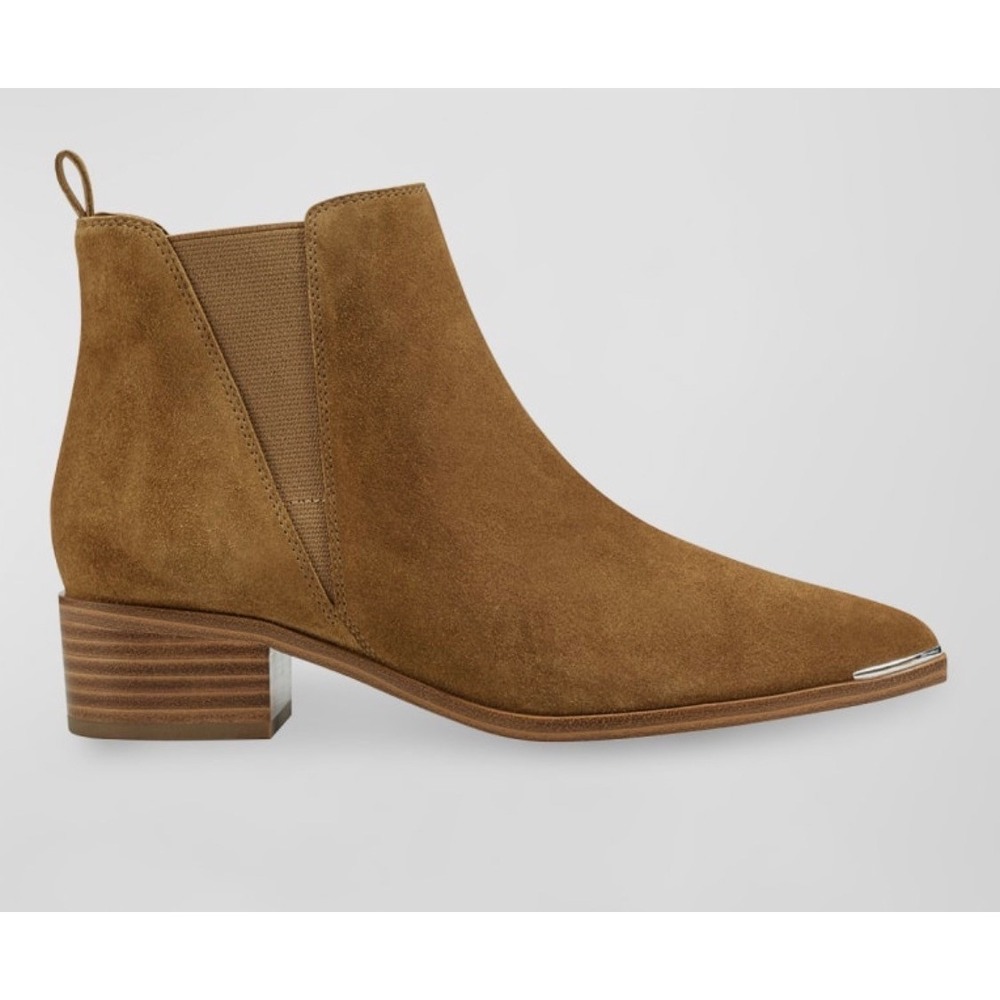 Marc Fisher Yale Tan Suede Pointed Toe Chelsea Boots Silver Tip Womens 6.5M